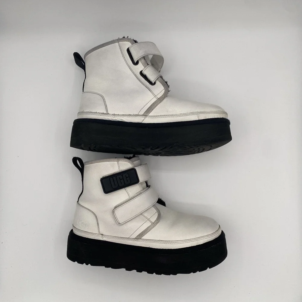 UGG Neumel High Platform Boots Kids 4 White Leather Streetwear Gothic Punk Y2K